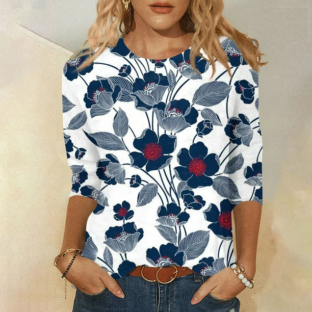 Apepal Women's Floral Print 3/4 Sleeve Blouse Tops Ladies Casual Office Work Crew Neck T-Shirt Gray XL