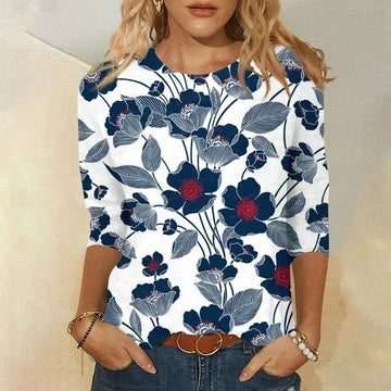 Apepal Women's Floral Print 3/4 Sleeve Blouse Tops Ladies Casual Office Work Crew Neck T-Shirt Gray XL