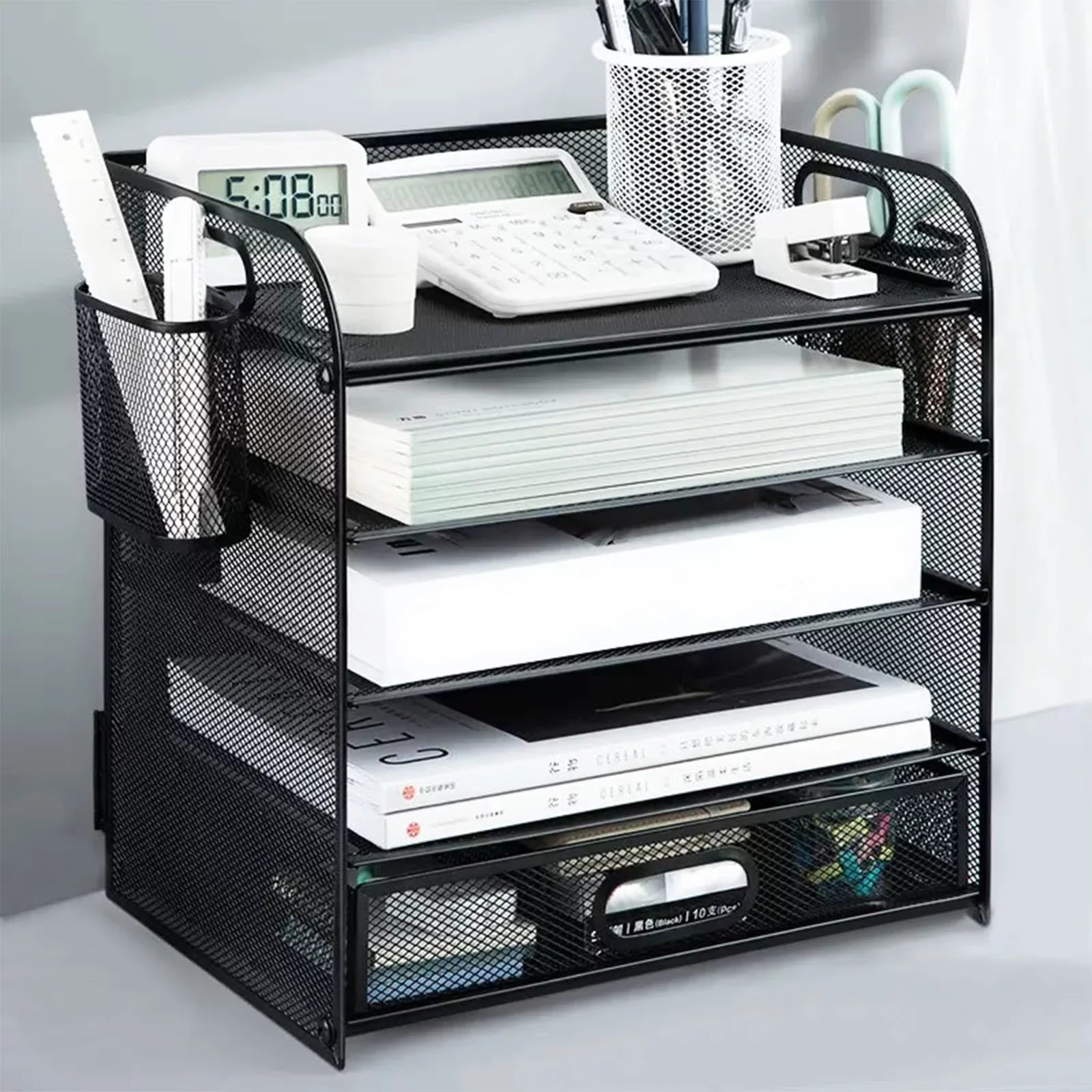 RELOIVE 5-Tier Desk Organizer with File Holder Drawer Pen Holders - Mesh Desktop Storage for Office Supplies and Magazines