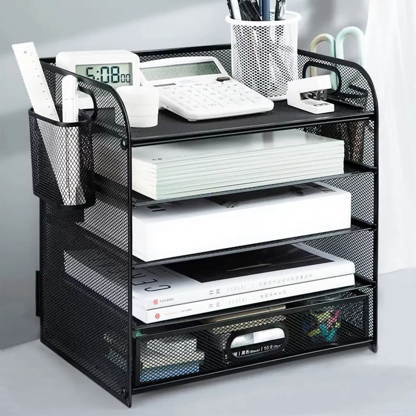 RELOIVE 5-Tier Desk Organizer with File Holder Drawer Pen Holders - Mesh Desktop Storage for Office Supplies and Magazines