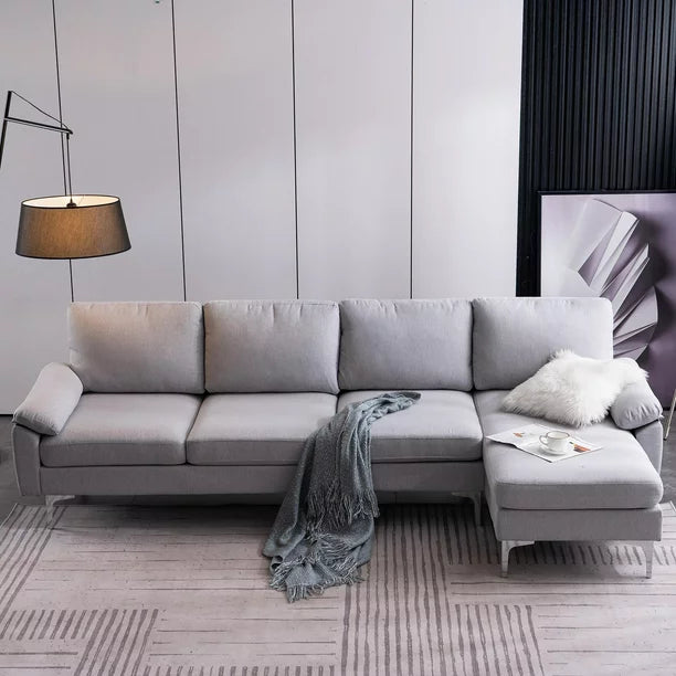 SalonMore Reversible Sectional Couch with Chaise Modern Linen Fabric L Shape Sofa for Apartment Living Room Light Gray
