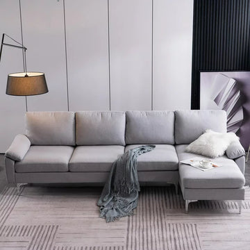 SalonMore Reversible Sectional Couch with Chaise Modern Linen Fabric L Shape Sofa for Apartment Living Room Light Gray
