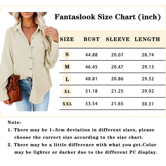 Fantaslook Women Corduroy Shirts Shacket Jacket Casual Long Sleeve Button Down Blouses Tops