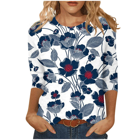 Apepal Women's Floral Print 3/4 Sleeve Blouse Tops Ladies Casual Office Work Crew Neck T-Shirt Gray XL