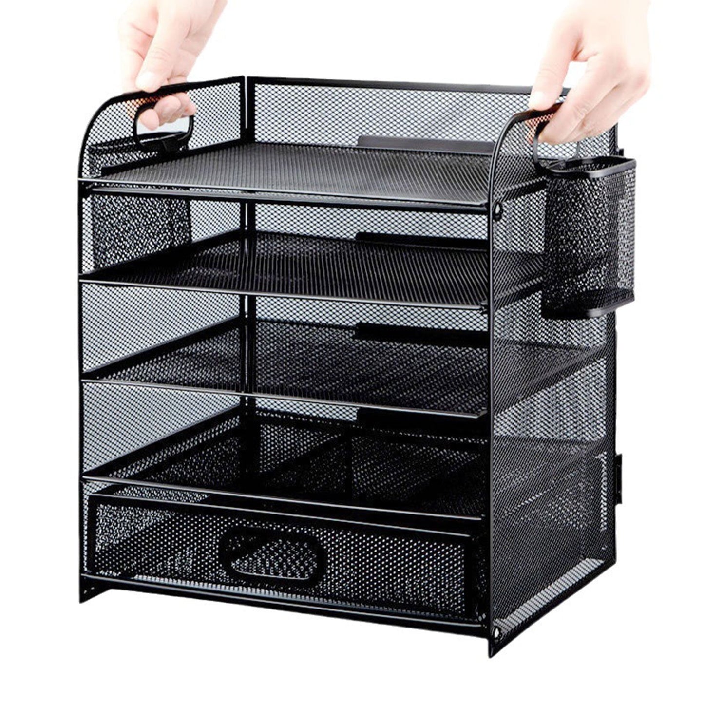 RELOIVE 5-Tier Desk Organizer with File Holder Drawer Pen Holders - Mesh Desktop Storage for Office Supplies and Magazines