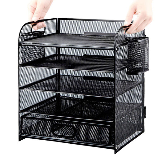 RELOIVE 5-Tier Desk Organizer with File Holder Drawer Pen Holders - Mesh Desktop Storage for Office Supplies and Magazines