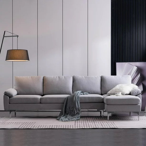 SalonMore Reversible Sectional Couch with Chaise Modern Linen Fabric L Shape Sofa for Apartment Living Room Light Gray