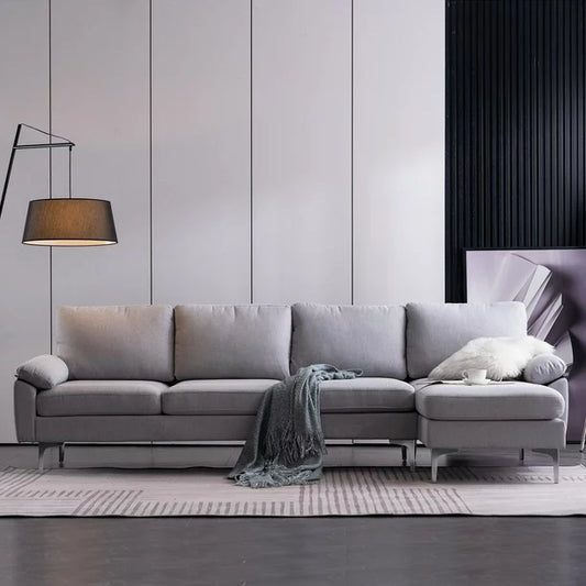 SalonMore Reversible Sectional Couch with Chaise Modern Linen Fabric L Shape Sofa for Apartment Living Room Light Gray