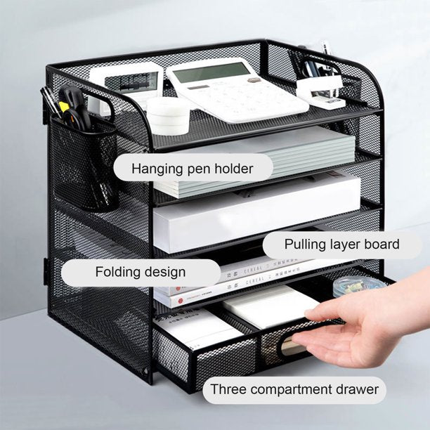 RELOIVE 5-Tier Desk Organizer with File Holder Drawer Pen Holders - Mesh Desktop Storage for Office Supplies and Magazines