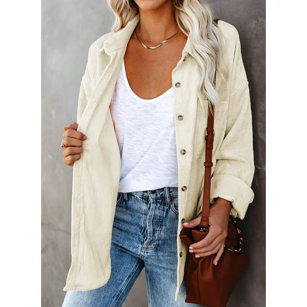 Fantaslook Women Corduroy Shirts Shacket Jacket Casual Long Sleeve Button Down Blouses Tops