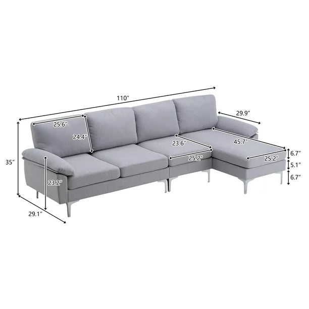 SalonMore Reversible Sectional Couch with Chaise Modern Linen Fabric L Shape Sofa for Apartment Living Room Light Gray