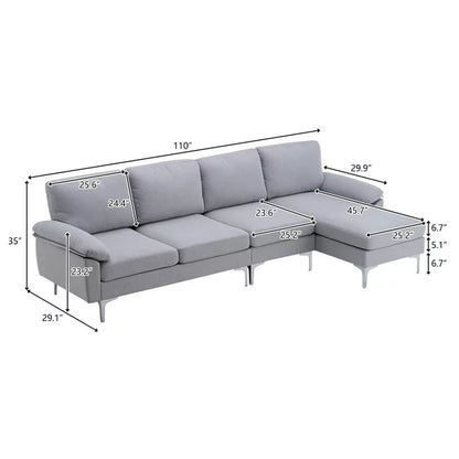 SalonMore Reversible Sectional Couch with Chaise Modern Linen Fabric L Shape Sofa for Apartment Living Room Light Gray