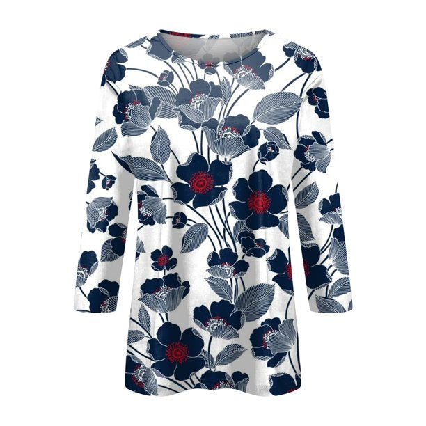 Apepal Women's Floral Print 3/4 Sleeve Blouse Tops Ladies Casual Office Work Crew Neck T-Shirt Gray XL