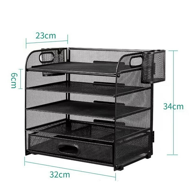 RELOIVE 5-Tier Desk Organizer with File Holder Drawer Pen Holders - Mesh Desktop Storage for Office Supplies and Magazines