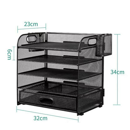 RELOIVE 5-Tier Desk Organizer with File Holder Drawer Pen Holders - Mesh Desktop Storage for Office Supplies and Magazines
