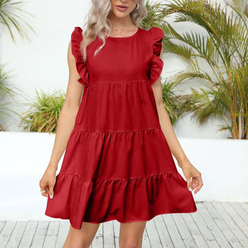 QWANG Women's Round Neck Casual Short Sleeve Ruffle-Trim Summer Mini Dresses