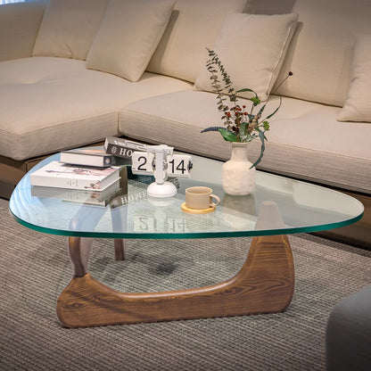 Furgle 50" Triangle Glass Coffee Table with Wood Base for Living Room Office, Light Walnut
