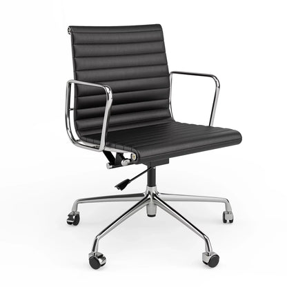 Ribbed Genuine Leather Office Chair, Mid Back, Adjustable Ergonomic Computer Chair for Home Office Use, Black