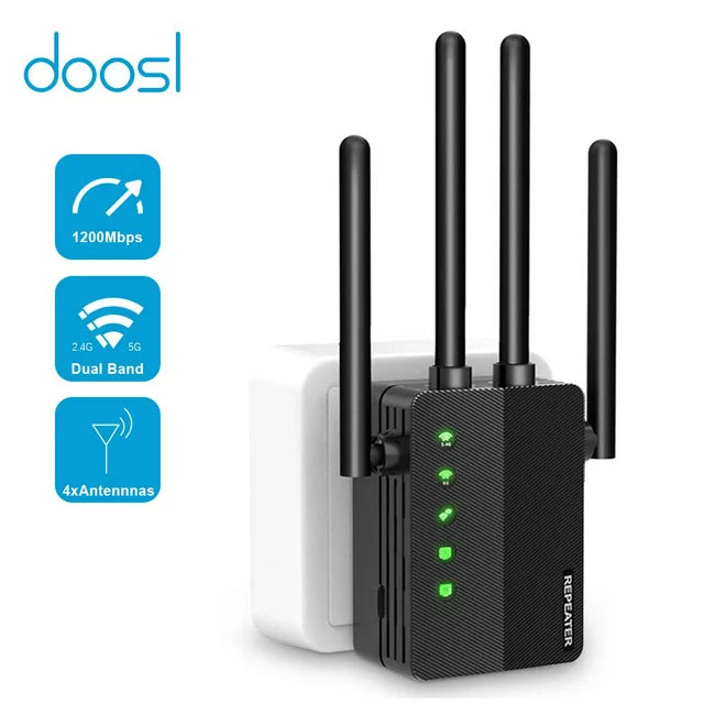 WiFi Range Extender, 1200Mbps Signal Booster Repeater Cover up to 2500 Sq.ft, 2.4 & 5GHz Dual Band WiFi Extender, 4 Antennas 360° Full Coverage Wireless Internet Amplifier for Smart Home Devices