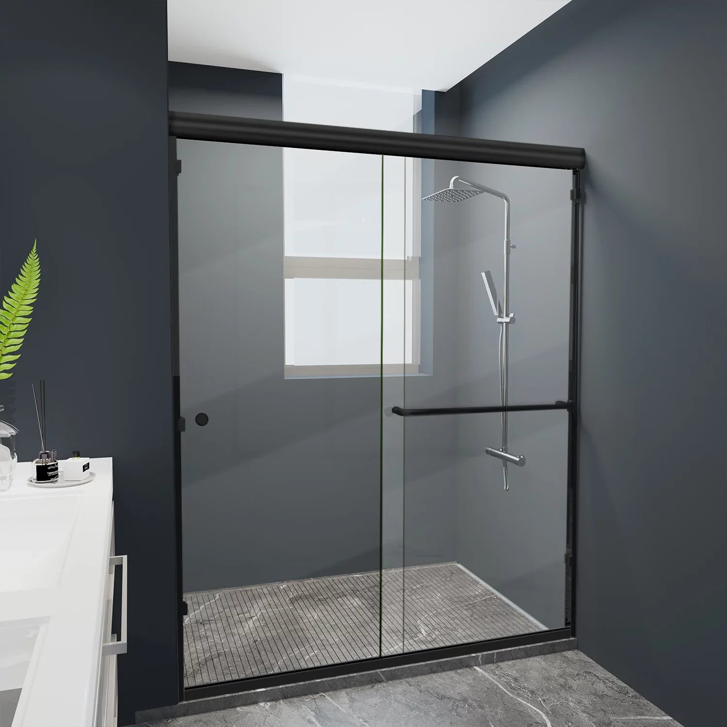 Furgle Semi-Frameless Shower Door 60" W x 70" H, Clear Glass, Black