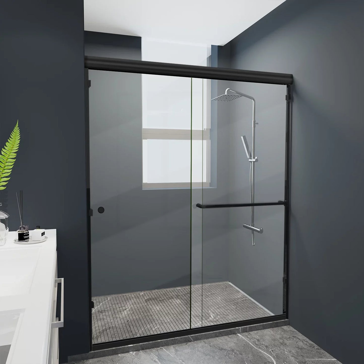 Furgle Semi-Frameless Shower Door 60" W x 70" H, Clear Glass, Black