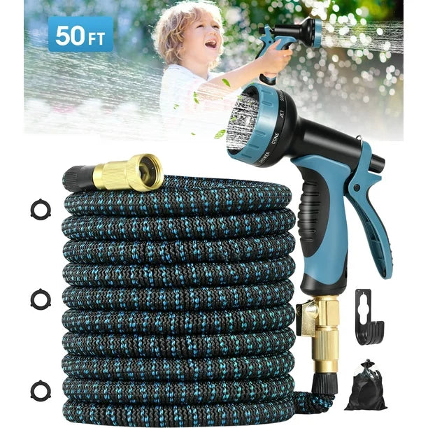 RELOIVE Expandable Garden Hose 50ft with 10 Spray Nozzles, Hose Holder, Multi-Purpose Anti-Rust Solid Brass Connector and Leak-Proof Design, Light Weight No Kink Flexible