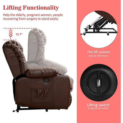 BALICHUN Large Power Lift Recliner Chair with Massage and Heat for Elderly, Overstuffed Wide Recliners, Breathable Leather with Breathable microporous, USB Ports, 2 Cup Holders (Brown)