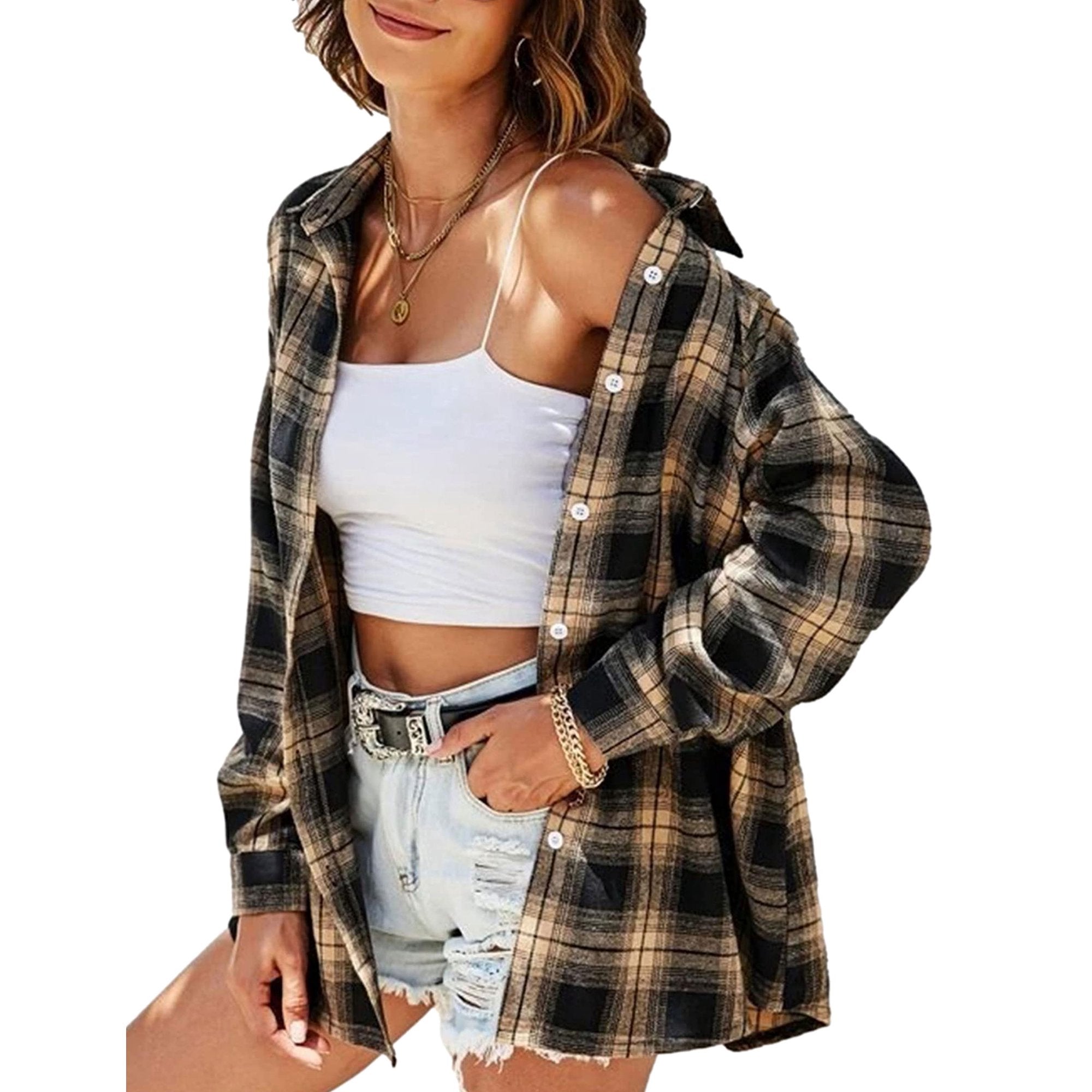 Fantaslook Plaid Flannel Shirts for Women Oversized Long Sleeve Button Down Shirts Blouses Tops