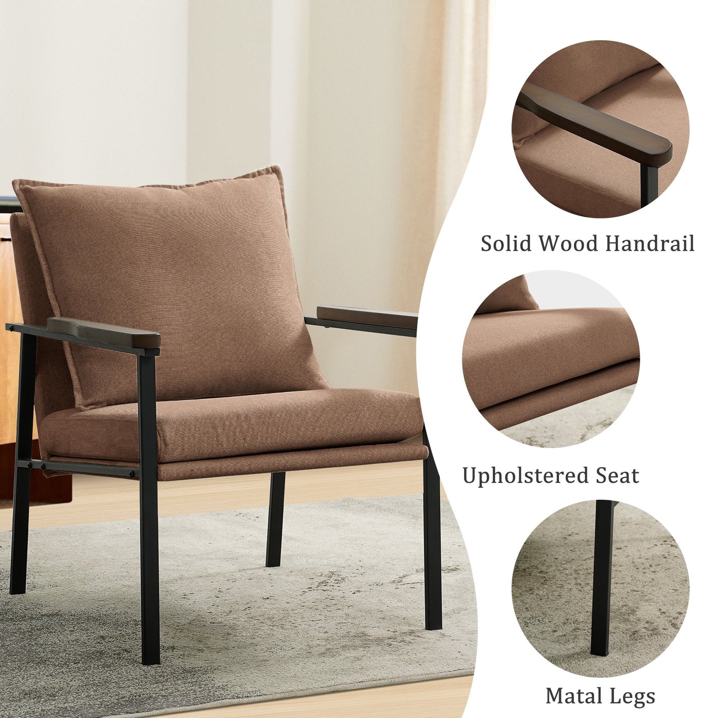 Balichun Accent Chair Mid-Century Modern Armchair with Wide Solid Wood armrests,Metal Frame and Foam Upholstery and Cotton Cushion,Linen Fabric (Coffee, Set of 1)
