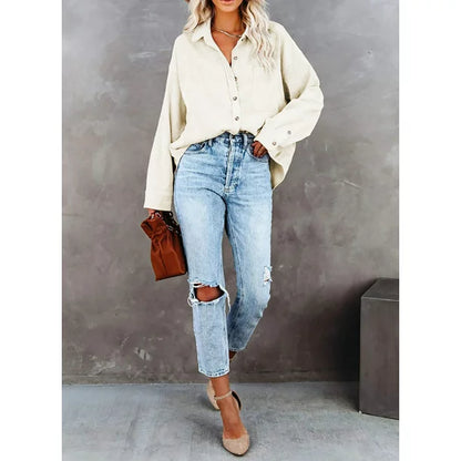 Fantaslook Women Corduroy Shirts Shacket Jacket Casual Long Sleeve Button Down Blouses Tops