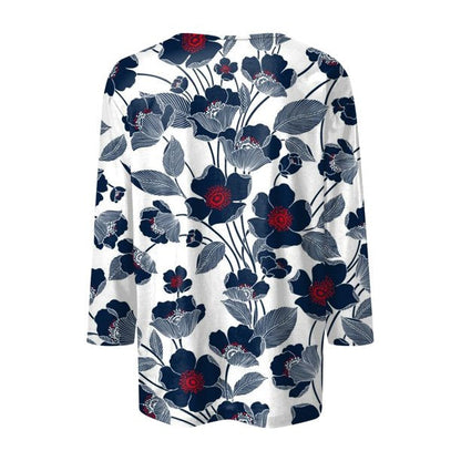 Apepal Women's Floral Print 3/4 Sleeve Blouse Tops Ladies Casual Office Work Crew Neck T-Shirt Gray XL