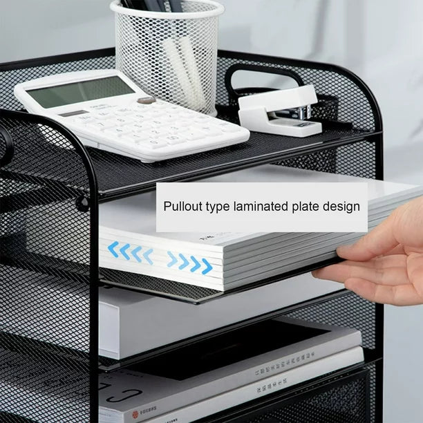 RELOIVE 5-Tier Desk Organizer with File Holder Drawer Pen Holders - Mesh Desktop Storage for Office Supplies and Magazines