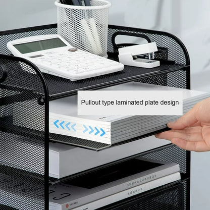 RELOIVE 5-Tier Desk Organizer with File Holder Drawer Pen Holders - Mesh Desktop Storage for Office Supplies and Magazines
