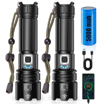 Ifanze Powerful LED Flashlight ,100000 High Lumens 5 Modes Waterproof Super Bright XHP70.2 Bulb Rechargeable Flashlights, Zoomable Torch for Emergency Hiking Hunting Camping, Black