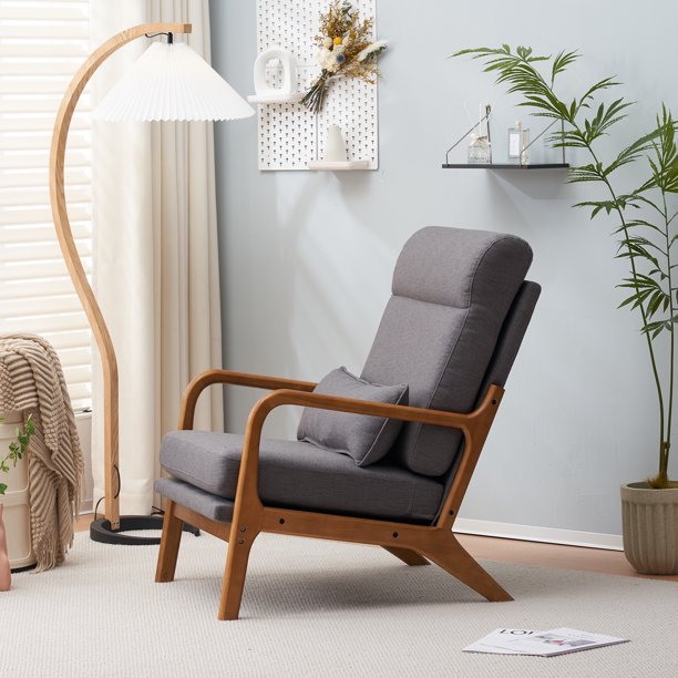 SalonMore Leisure Chair with Solid Wood Armrest and Feet, Mid-Century Modern Accent Sofa, for Living Room Bedroom Studio Dark Gray