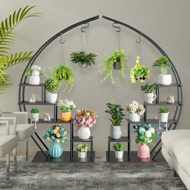 SalonMore Half Circle 5 Tier Metal Flower Pot Stand Shelf, Half-Moon Pot Holder Stand, Black. 2 PCS