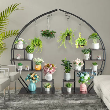 SalonMore Half Circle 5 Tier Metal Flower Pot Stand Shelf, Half-Moon Pot Holder Stand, Black. 2 PCS