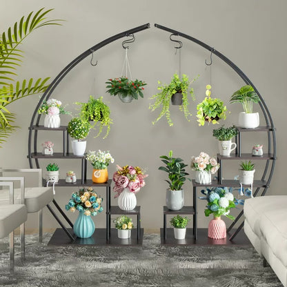 SalonMore Half Circle 5 Tier Metal Flower Pot Stand Shelf, Half-Moon Pot Holder Stand, Black. 2 PCS