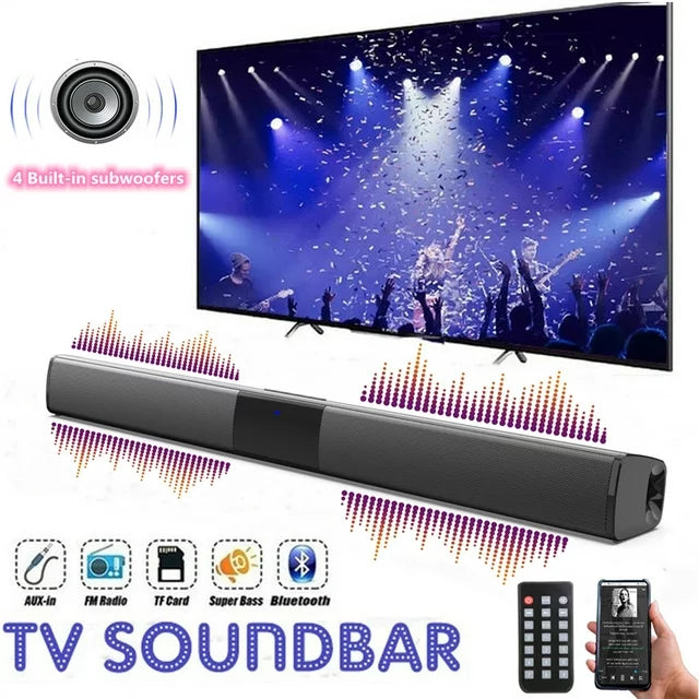 Doosl Sound Bar, 22 inch Bluetooth TV Speaker with Remote & 4 Built-in Subwoofers, TF Play, FM Radio, Rechargeable, 20W Wireless Soundbar for TV Home Theater & Audio, Black