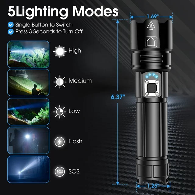 Ifanze Powerful LED Flashlight ,100000 High Lumens 5 Modes Waterproof Super Bright XHP70.2 Bulb Rechargeable Flashlights, Zoomable Torch for Emergency Hiking Hunting Camping, Black