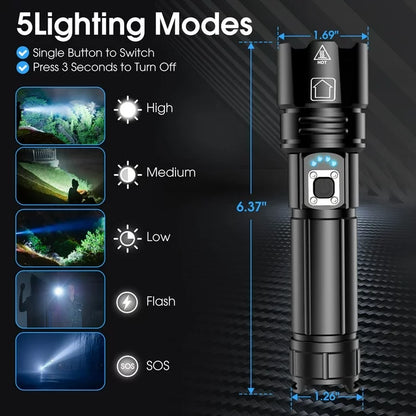 Ifanze Powerful LED Flashlight ,100000 High Lumens 5 Modes Waterproof Super Bright XHP70.2 Bulb Rechargeable Flashlights, Zoomable Torch for Emergency Hiking Hunting Camping, Black