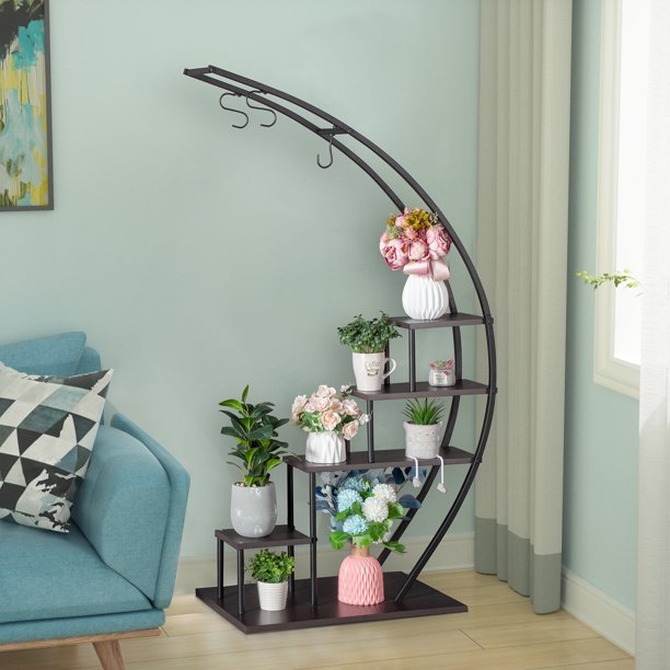 SalonMore Half Circle 5 Tier Metal Flower Pot Stand Shelf, Half-Moon Pot Holder Stand, Black. 2 PCS