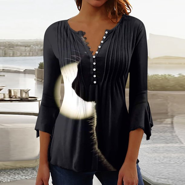 Apepal Womens Plus Size Tunic Tops 3/4 Petal Sleeve Sleeve Casual Floral Henley Shirts Black 3XL