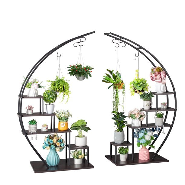 SalonMore Half Circle 5 Tier Metal Flower Pot Stand Shelf, Half-Moon Pot Holder Stand, Black. 2 PCS