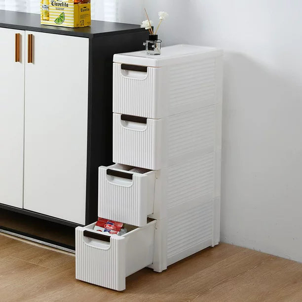 SalonMore 4-Tire Storage Cabinet with Wheels, Rolling Dresser Cart with 4 Drawers Organizer for Bathroom Bedroom, Plastic White
