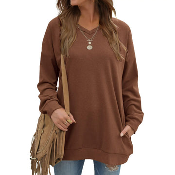 Fantaslook Sweatshirts for Women V Neck Casual Long Sleeve Tops Oversized Sweatshirt With Pockets