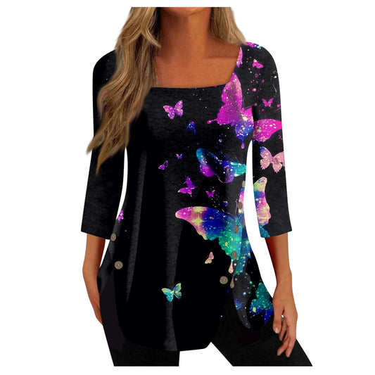 Apepal Square Neck T Shirts for Women Casual Puff 3/4 Sleeve Shirts Summer Tops Black 3XL