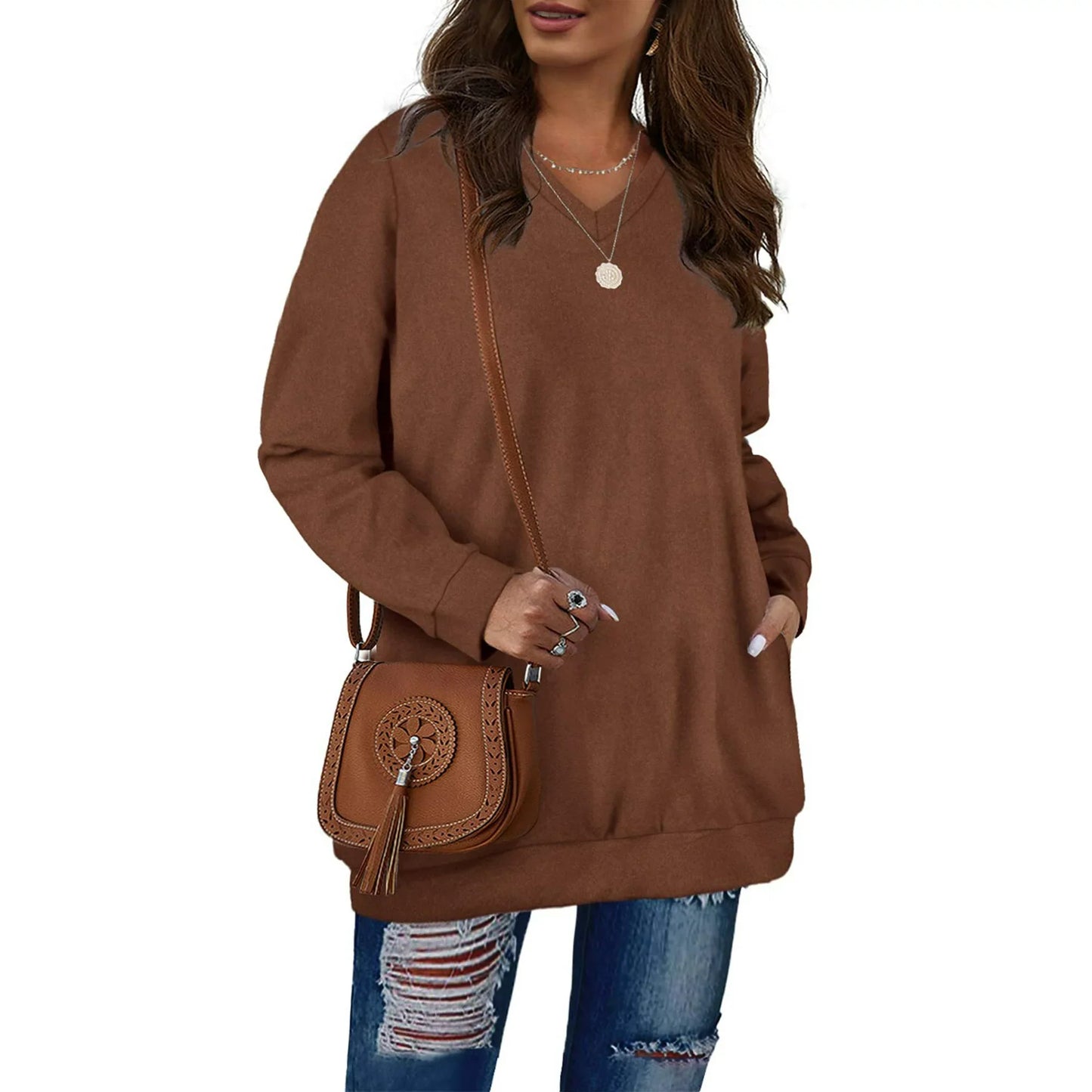 Fantaslook Sweatshirts for Women V Neck Casual Long Sleeve Tops Oversized Sweatshirt With Pockets