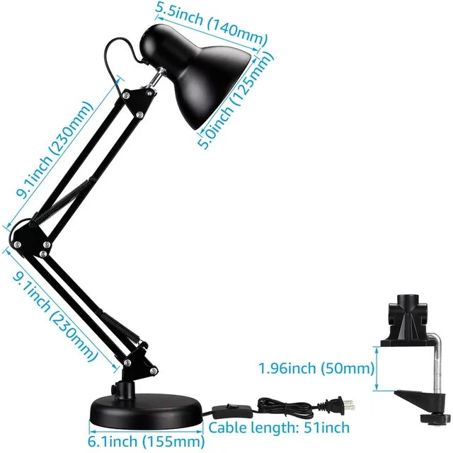 32" Black Swing-Arm Clamp-On Desk Lamp, Fit E26&E27 Bulbs Base, Application in Bedroom Living Room, Office Home(Does Not Include Base)