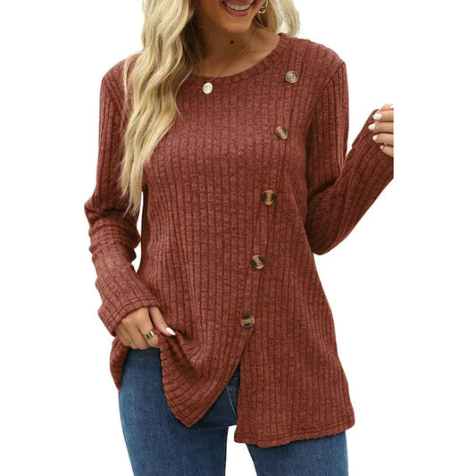 Fantaslook Blouses for Women Long Sleeve Crew Neck Tunic Tops Buttons Side Fall Shirts